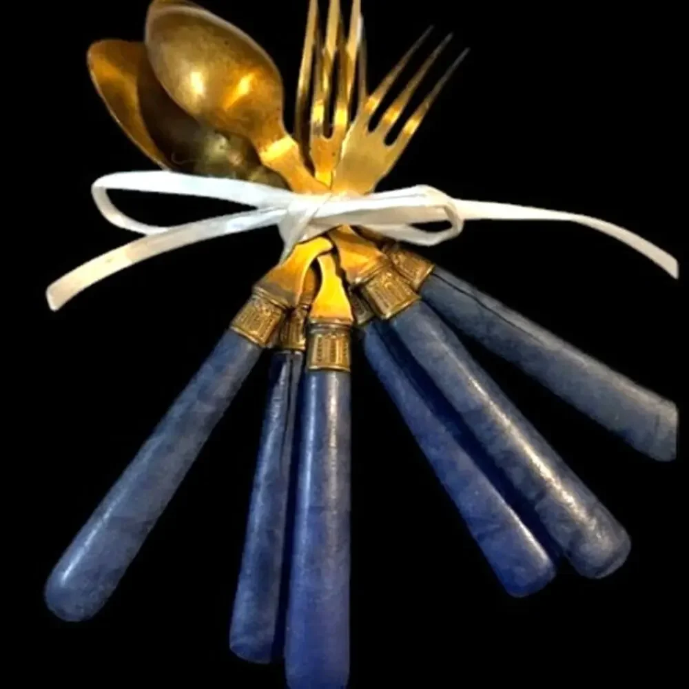 Vintage French Dessert Flatware Set Blue Marbled Handles Set of 6